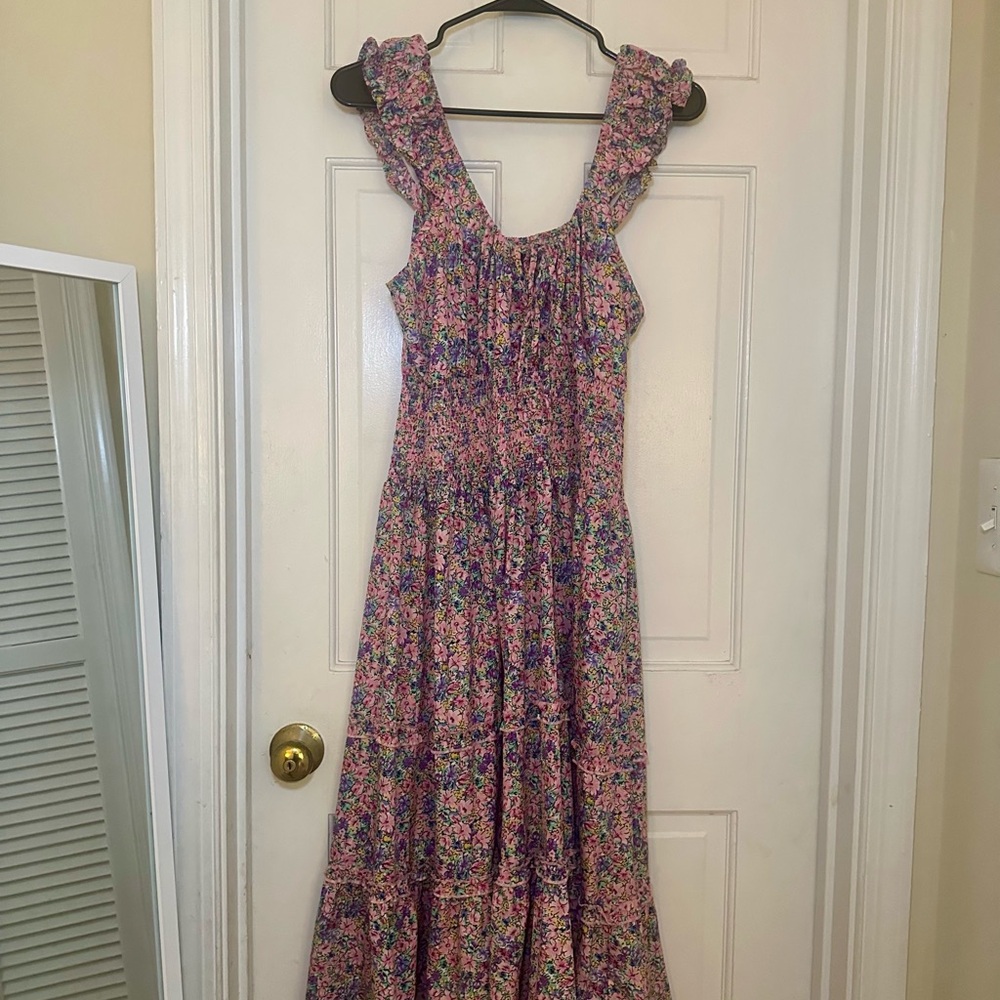 Boohoo Pink and Blue Ruffled Smocked Maxi Sundress